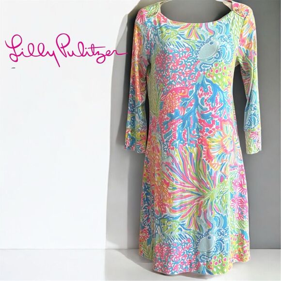 Lilly Pulitzer Sophie Vibrant Tropical Floral 3/4 Sleeve Gold Button Boat Neck - Picture 1 of 10